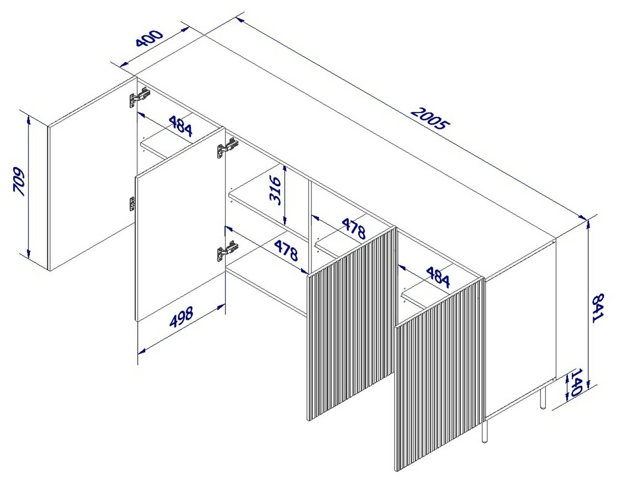 Credenza Corana, Madia da salotto con quattro ante battenti, Rialzato da terra, 200x42 h82 cm, Nero