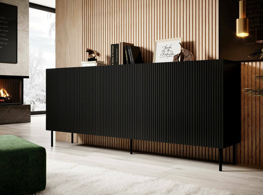 Credenza Corana, Madia da salotto con quattro ante battenti, Rialzato da terra, 200x42 h82 cm, Nero