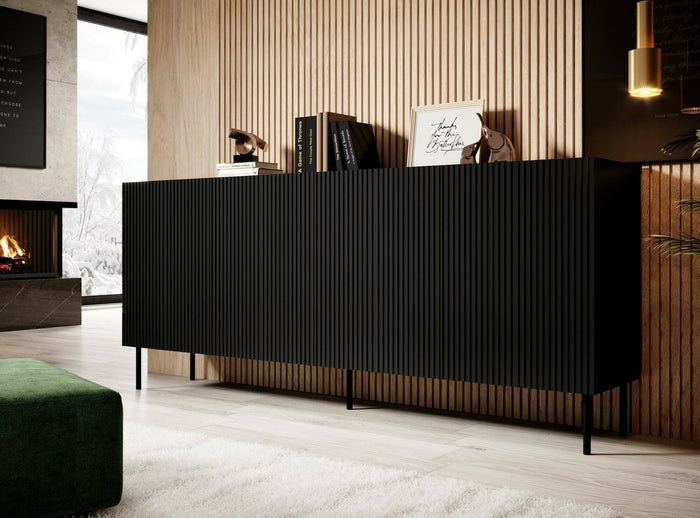 Credenza Corana, Madia da salotto con quattro ante battenti, Rialzato da terra, 200x42 h82 cm, Nero