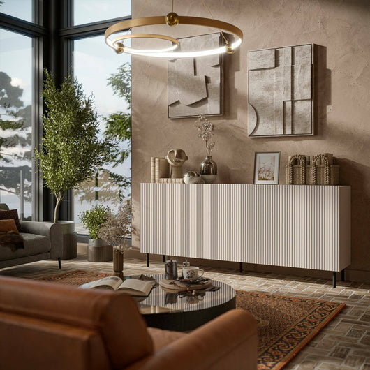 Credenza Corana, Madia da salotto con quattro ante battenti, Rialzato da terra, 200x42 h82 cm, Beige