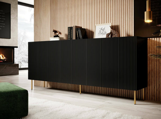 Credenza Londa, Madia da salotto con quattro ante battenti, Rialzato da terra, 200x42 h82 cm, Nero