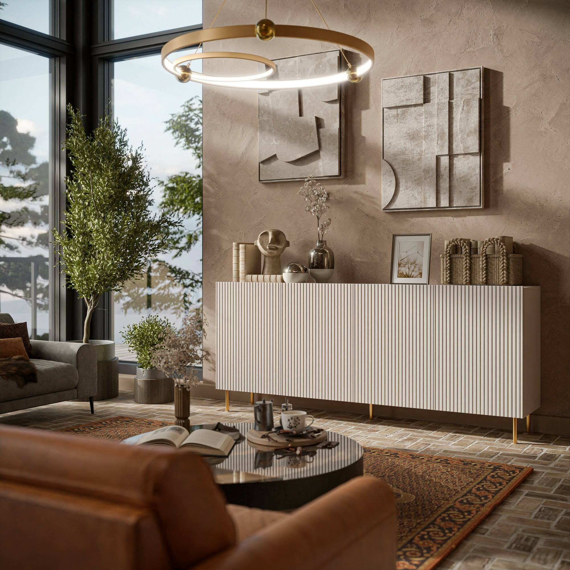 Credenza Londa, Madia da salotto con quattro ante battenti, Rialzato da terra, 200x42 h82 cm, Beige