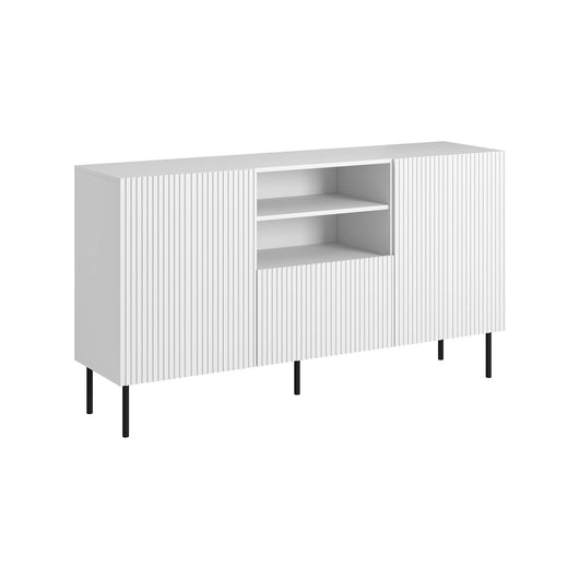 Credenza Malo, Madia da salotto con due ante battenti, un cassetto e due vani aperti, Design con effetto cannettato, 150x42 h82 cm, Bianco