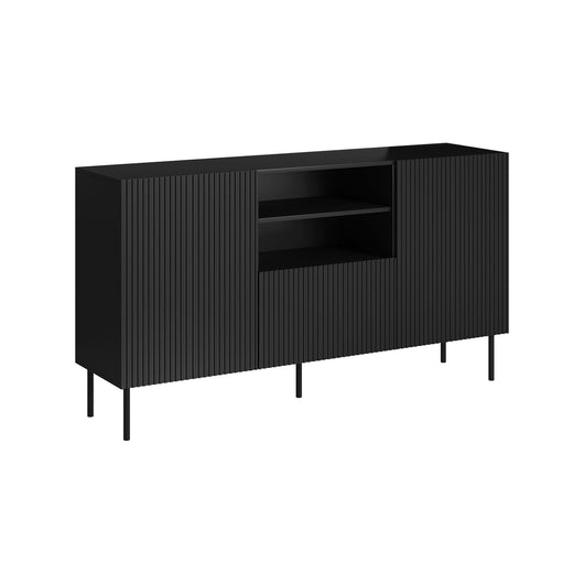 Credenza Malo, Madia da salotto con due ante battenti, un cassetto e due vani aperti, Design con effetto cannettato, 150x42 h82 cm, Nero