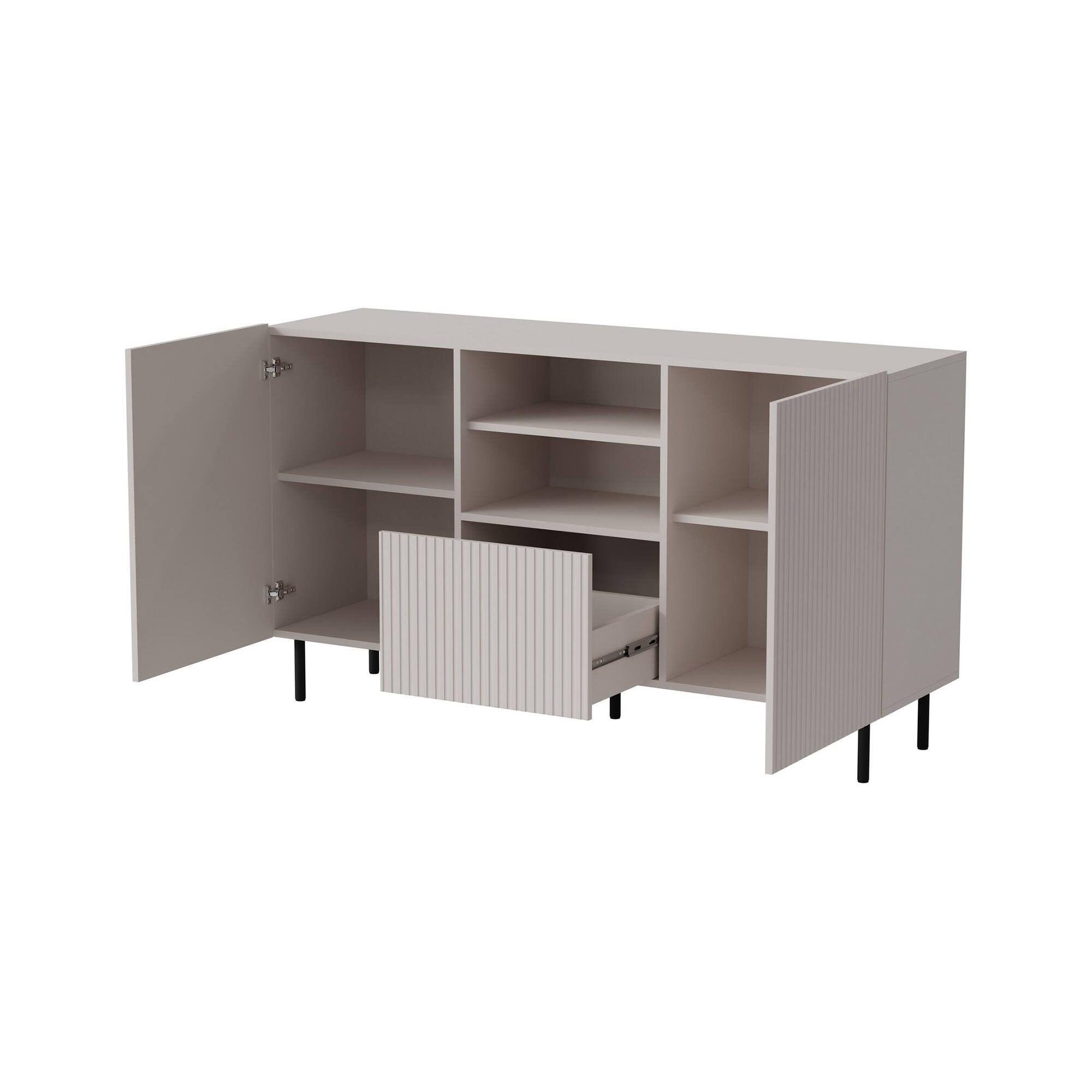 Credenza Malo, Madia da salotto con due ante battenti, un cassetto e due vani aperti, Design con effetto cannettato, 150x42 h82 cm, Beige
