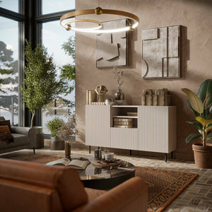 Credenza Malo, Madia da salotto con due ante battenti, un cassetto e due vani aperti, Design con effetto cannettato, 150x42 h82 cm, Beige