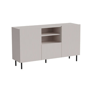 Credenza Malo, Madia da salotto con due ante battenti, un cassetto e due vani aperti, Design con effetto cannettato, 150x42 h82 cm, Beige