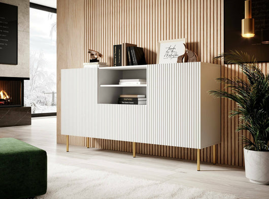 Credenza Stornara, Madia da salotto con due ante battenti, un cassetto e due vani aperti, Design con effetto cannettato, 150x42 h82 cm, Bianco