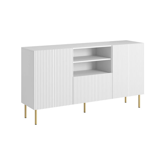 Credenza Stornara, Madia da salotto con due ante battenti, un cassetto e due vani aperti, Design con effetto cannettato, 150x42 h82 cm, Bianco
