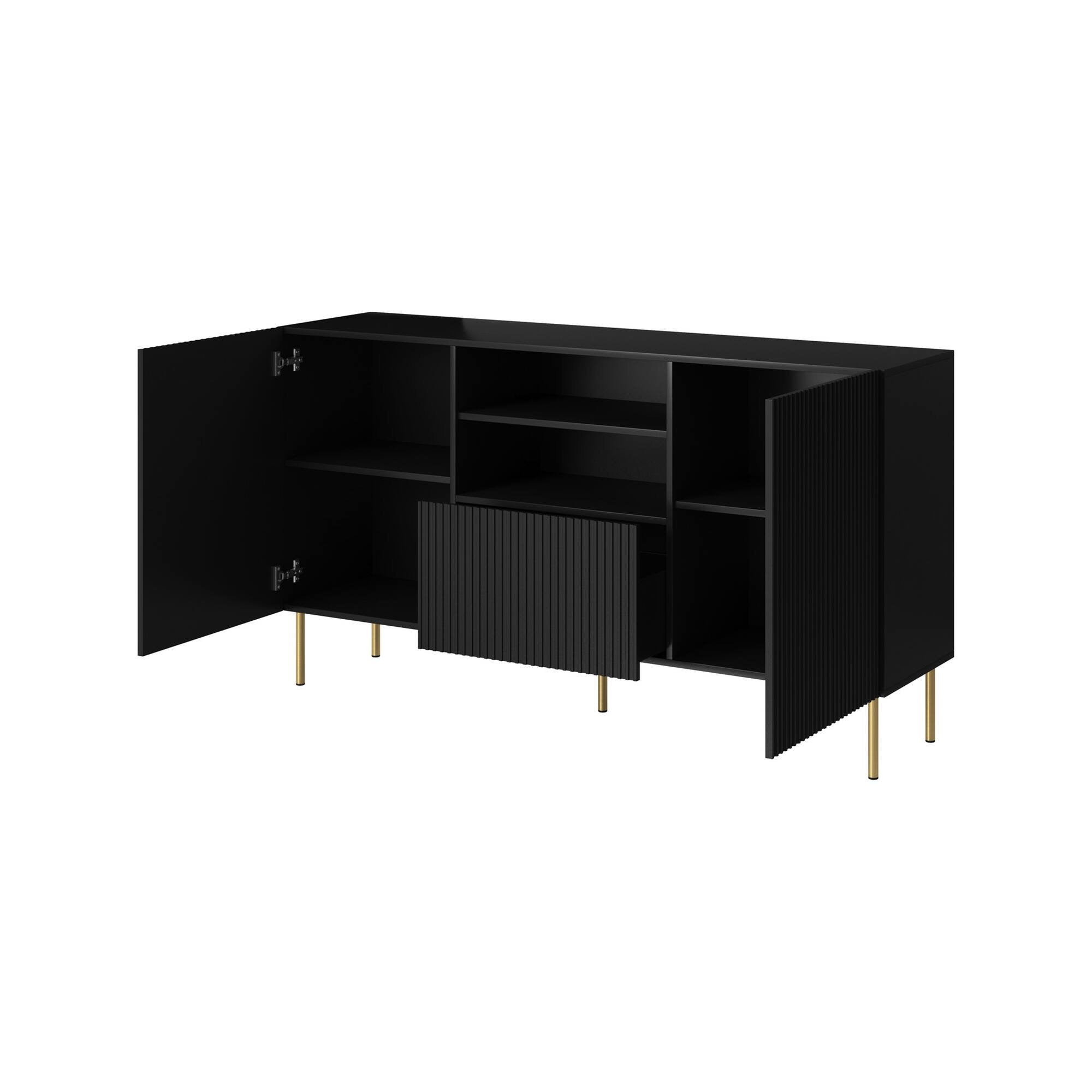 Credenza Stornara, Madia da salotto con due ante battenti, un cassetto e due vani aperti, Design con effetto cannettato, 150x42 h82 cm, Nero