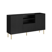 Credenza Stornara, Madia da salotto con due ante battenti, un cassetto e due vani aperti, Design con effetto cannettato, 150x42 h82 cm, Nero