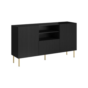 Credenza Stornara, Madia da salotto con due ante battenti, un cassetto e due vani aperti, Design con effetto cannettato, 150x42 h82 cm, Nero