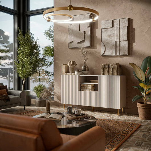 Credenza Stornara, Madia da salotto con due ante battenti, un cassetto e due vani aperti, Design con effetto cannettato, 150x42 h82 cm, Beige