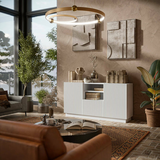 Credenza Serchio, Madia da salotto con due ante battenti, un cassetto e due vani aperti, Design con effetto cannettato, 150x40 h78 cm, Bianco