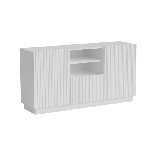 Credenza Serchio, Madia da salotto con due ante battenti, un cassetto e due vani aperti, Design con effetto cannettato, 150x40 h78 cm, Bianco