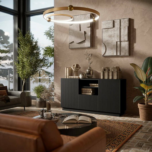 Credenza Serchio, Madia da salotto con due ante battenti, un cassetto e due vani aperti, Design con effetto cannettato, 150x40 h78 cm, Nero