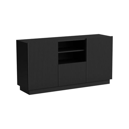 Credenza Serchio, Madia da salotto con due ante battenti, un cassetto e due vani aperti, Design con effetto cannettato, 150x40 h78 cm, Nero