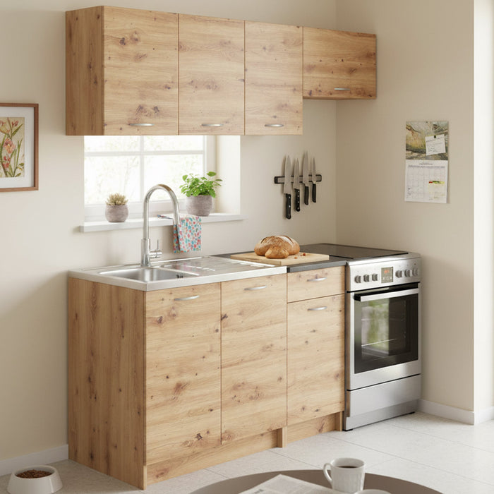 Cucina completa Sora, Set compatto e funzionale con ante e cassetto, Rovere Nodi