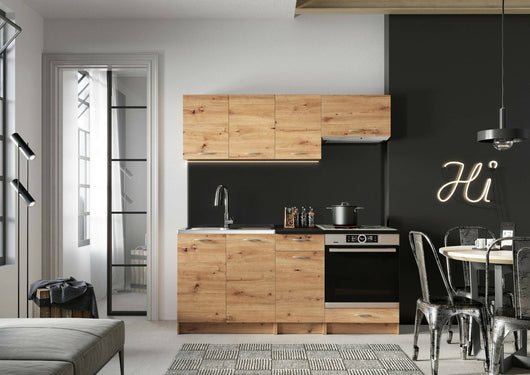 Cucina completa Teano, Set compatto e funzionale con ante e cassetto, Rovere Nodi