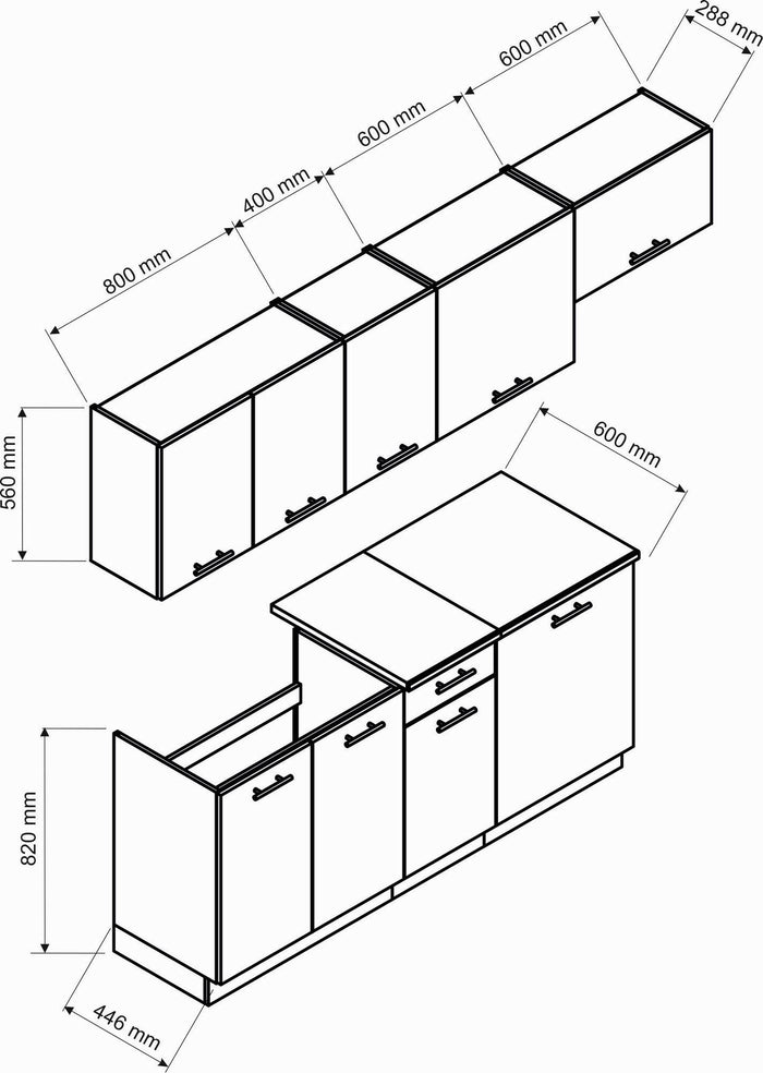 Cucina completa Rosta, Set compatto e funzionale con ante e cassetto, Antracite