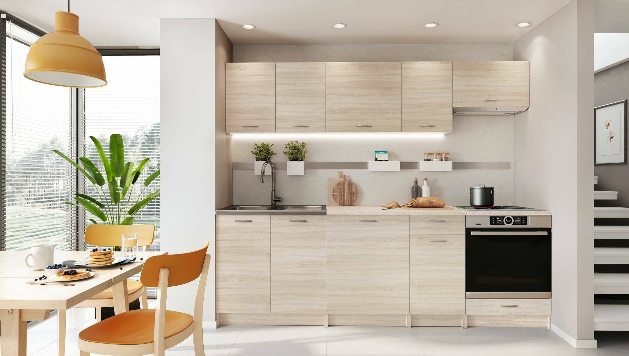 Cucina completa Camerino, Set compatto e funzionale con ante e cassetto, Rovere