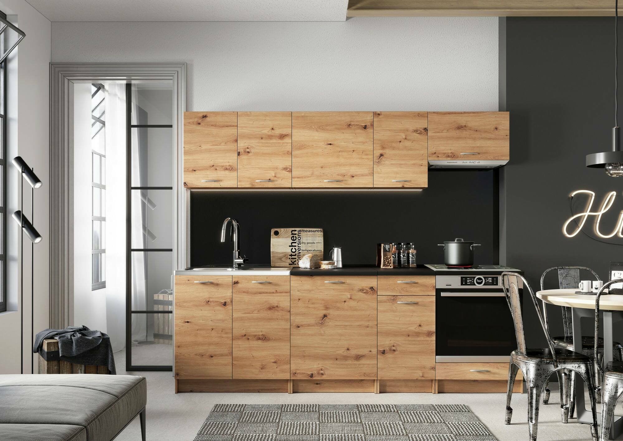 Cucina completa Camerino, Set compatto e funzionale con ante e cassetto, Rovere Nodi