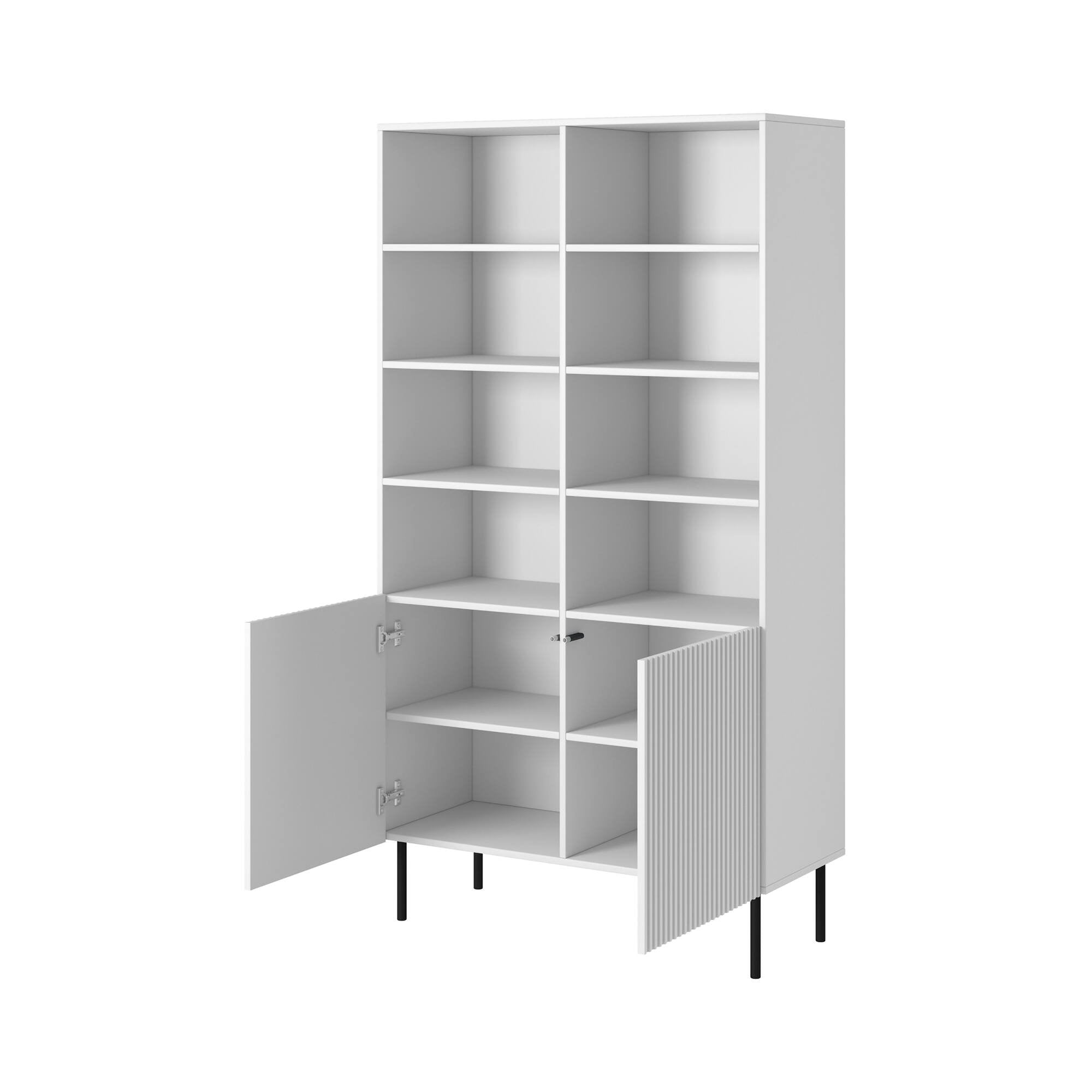 Libreria Ghilarza, Mobile portalibri con vani aperti e due ante, Rialzato da terra, 100x42 h177 cm, Bianco