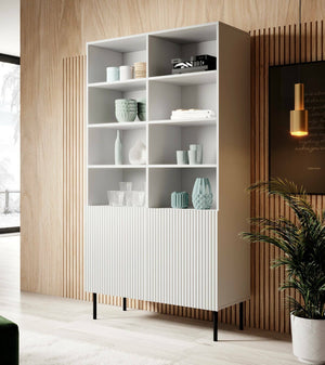 Libreria Ghilarza, Mobile portalibri con vani aperti e due ante, Rialzato da terra, 100x42 h177 cm, Bianco