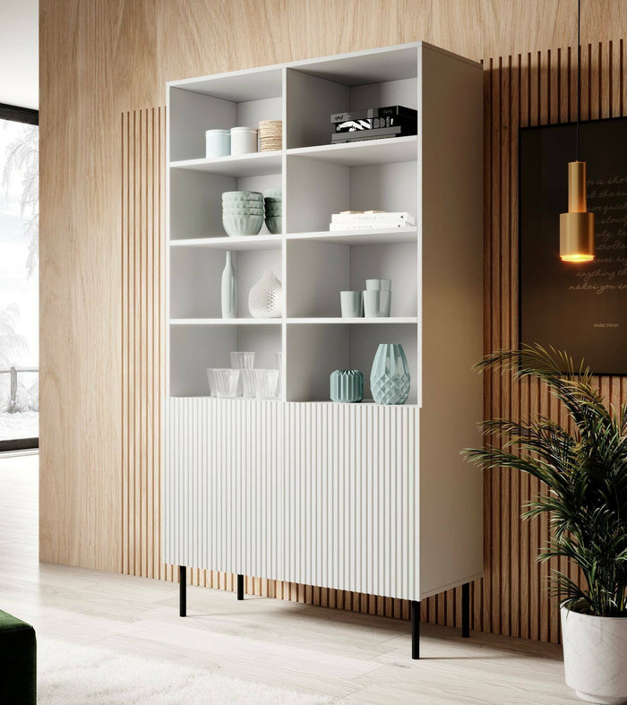 Libreria Ghilarza, Mobile portalibri con vani aperti e due ante, Rialzato da terra, 100x42 h177 cm, Bianco