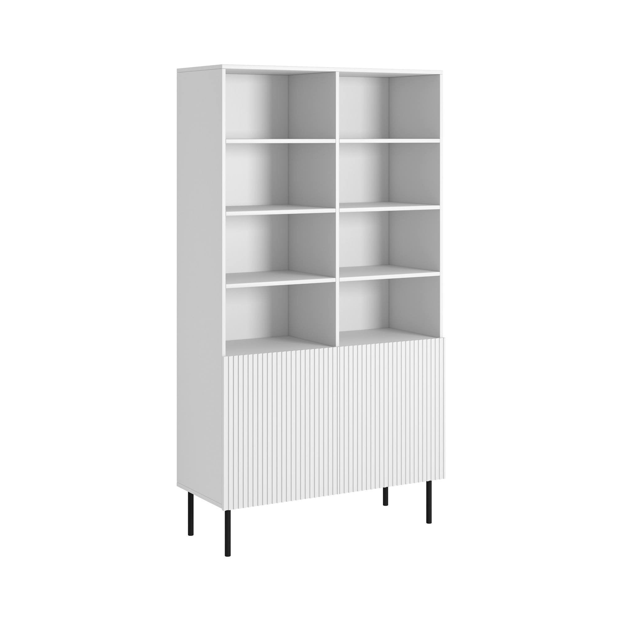 Libreria Ghilarza, Mobile portalibri con vani aperti e due ante, Rialzato da terra, 100x42 h177 cm, Bianco