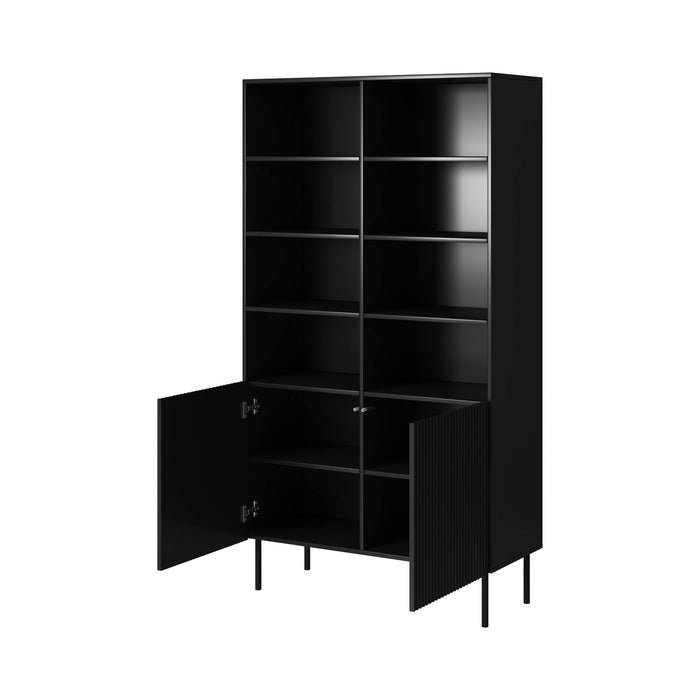 Libreria Ghilarza, Mobile portalibri con vani aperti e due ante, Rialzato da terra, 100x42 h177 cm, Nero