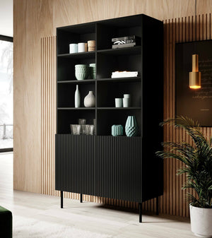 Libreria Ghilarza, Mobile portalibri con vani aperti e due ante, Rialzato da terra, 100x42 h177 cm, Nero