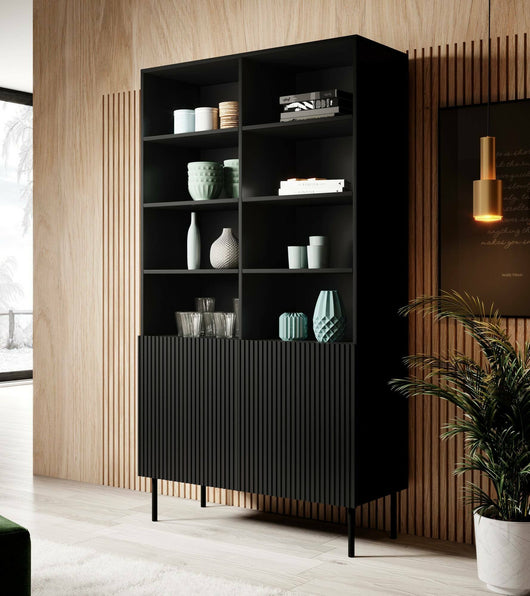 Libreria Ghilarza, Mobile portalibri con vani aperti e due ante, Rialzato da terra, 100x42 h177 cm, Nero