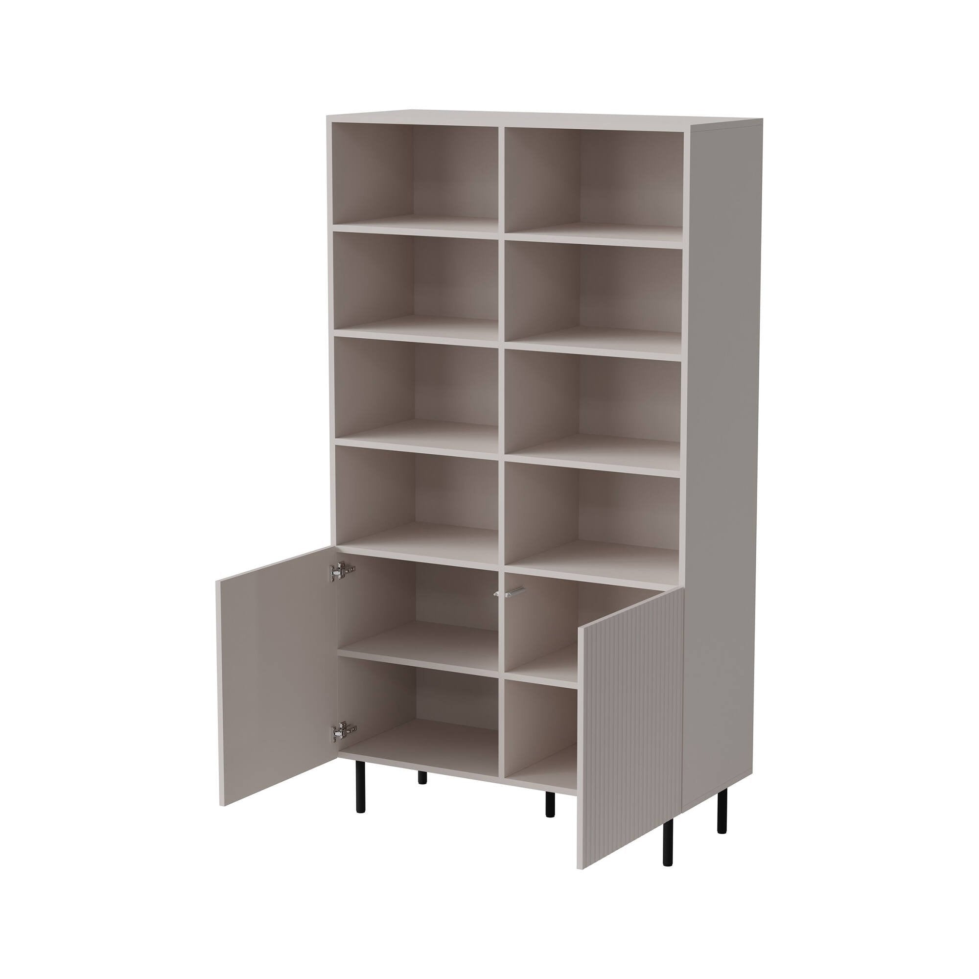 Libreria Ghilarza, Mobile portalibri con vani aperti e due ante, Rialzato da terra, 100x42 h177 cm, Beige