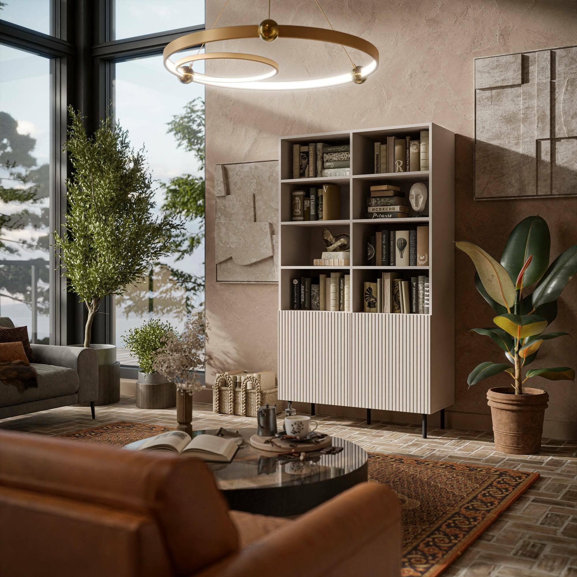 Libreria Ghilarza, Mobile portalibri con vani aperti e due ante, Rialzato da terra, 100x42 h177 cm, Beige