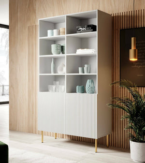 Libreria Estarreja, Mobile portalibri con vani aperti e due ante, Rialzato da terra, 100x42 h177 cm, Bianco