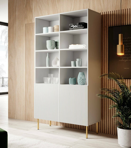 Libreria Estarreja, Mobile portalibri con vani aperti e due ante, Rialzato da terra, 100x42 h177 cm, Bianco