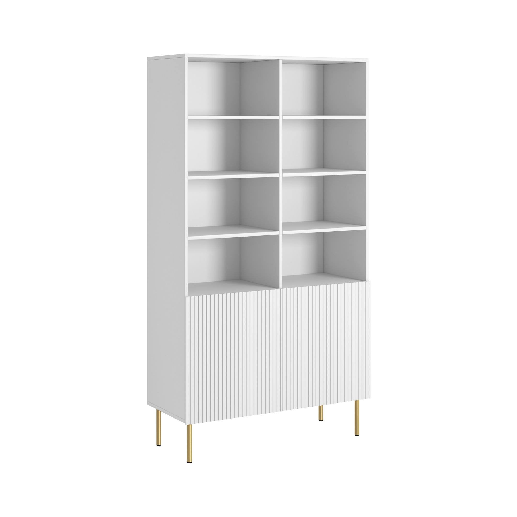 Libreria Estarreja, Mobile portalibri con vani aperti e due ante, Rialzato da terra, 100x42 h177 cm, Bianco