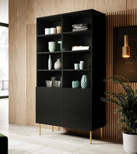 Libreria Estarreja, Mobile portalibri con vani aperti e due ante, Rialzato da terra, 100x42 h177 cm, Nero