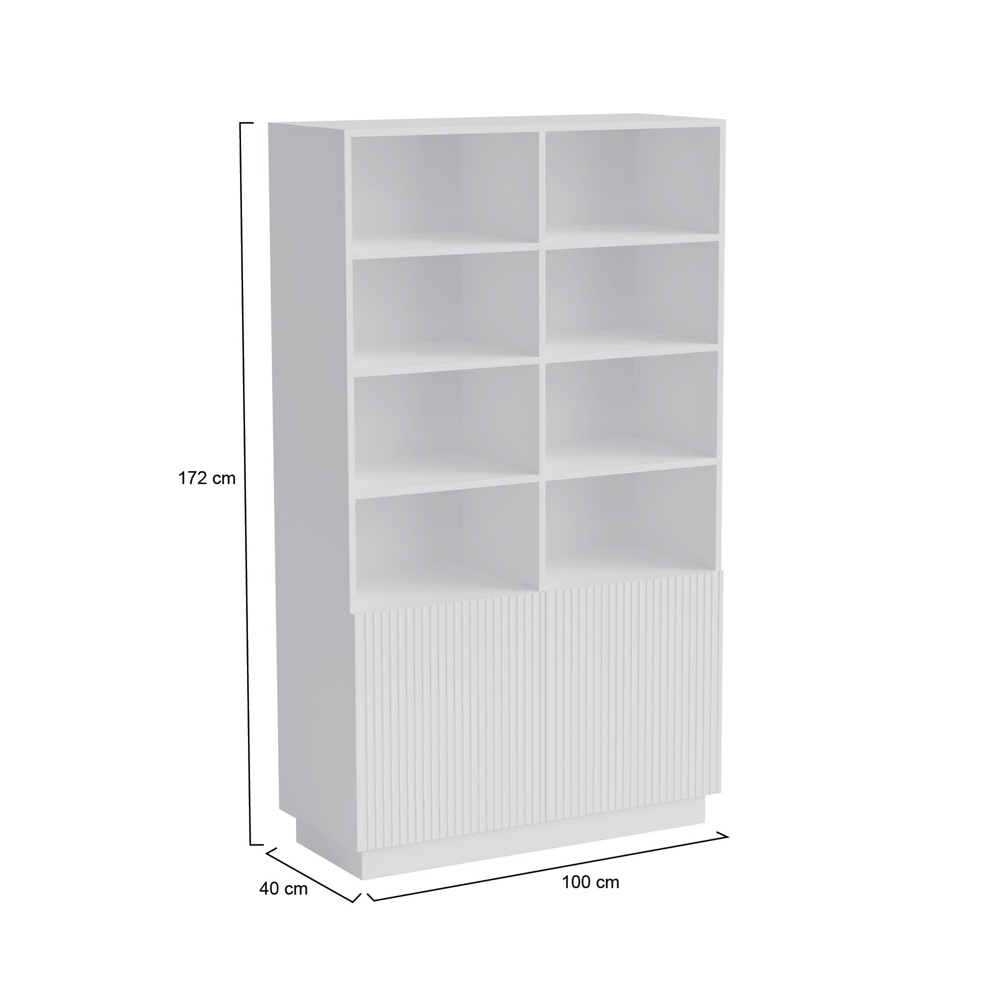 Libreria Miniato, Mobile portalibri con vani aperti e due ante, Design moderno e minimale, 172x40 h100 cm, Bianco