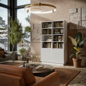 Libreria Miniato, Mobile portalibri con vani aperti e due ante, Design moderno e minimale, 172x40 h100 cm, Bianco