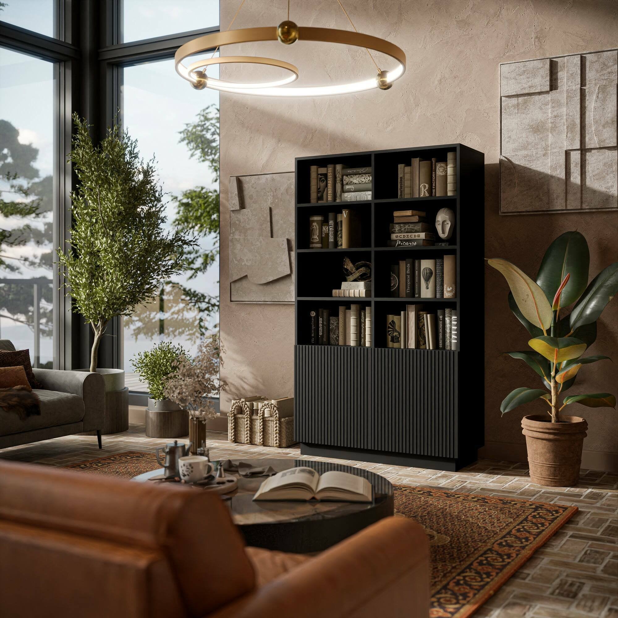 Libreria Miniato, Mobile portalibri con vani aperti e due ante, Design moderno e minimale, 172x40 h100 cm, Nero