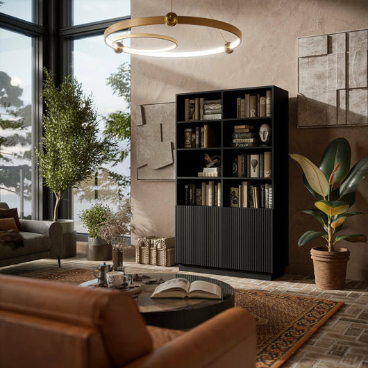 Libreria Miniato, Mobile portalibri con vani aperti e due ante, Design moderno e minimale, 172x40 h100 cm, Nero