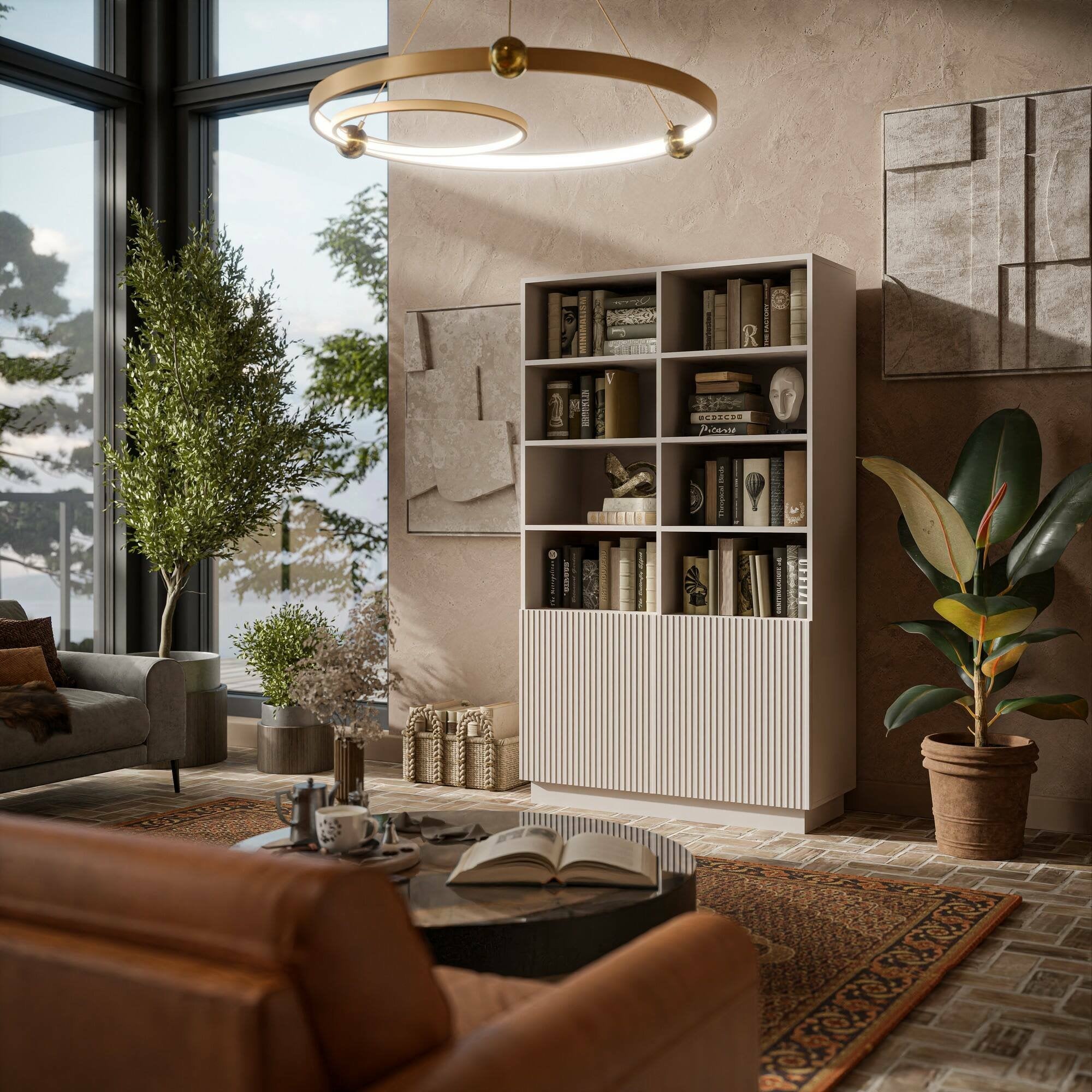 Libreria Miniato, Mobile portalibri con vani aperti e due ante, Design moderno e minimale, 172x40 h100 cm, Beige