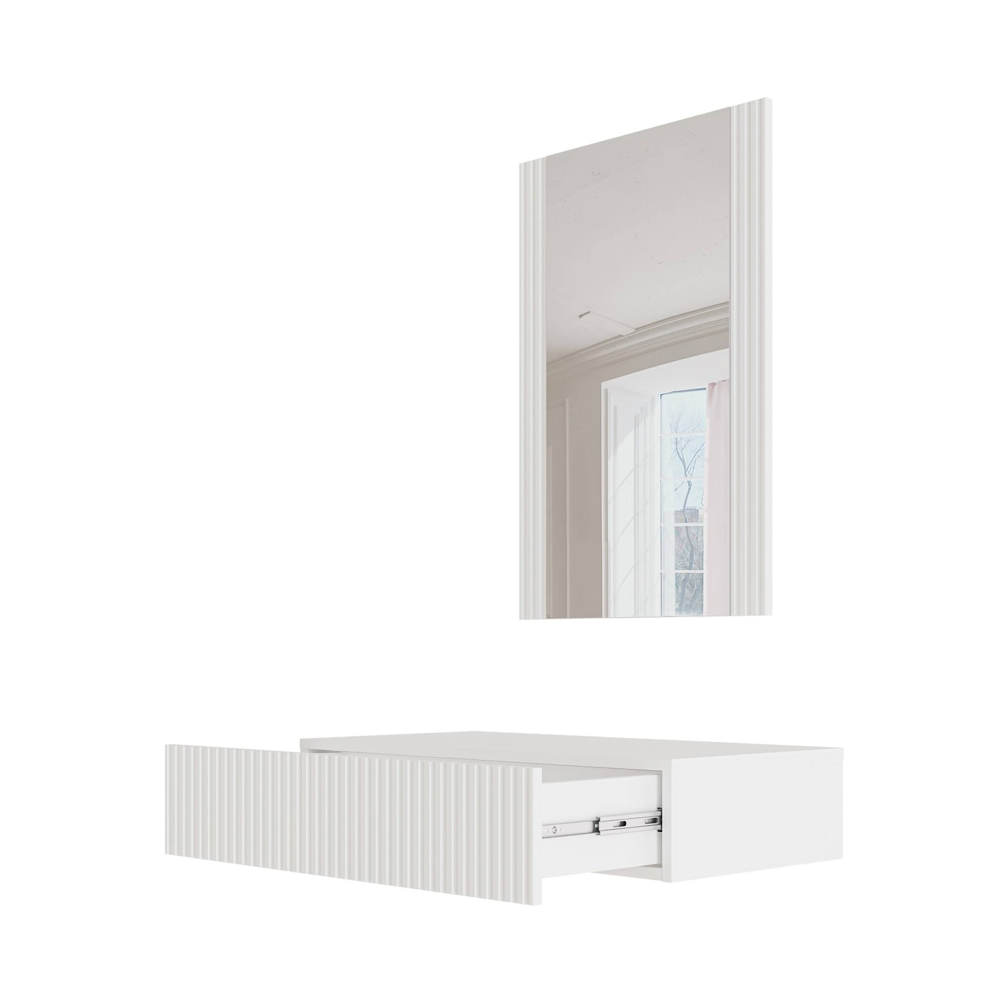 Consolle Premolo, Entratina sospesa con specchio, Design moderno con effetto cannettato, 80x42 h97 cm, Bianco