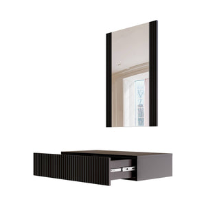 Consolle Premolo, Entratina sospesa con specchio, Design moderno con effetto cannettato, 80x42 h97 cm, Nero