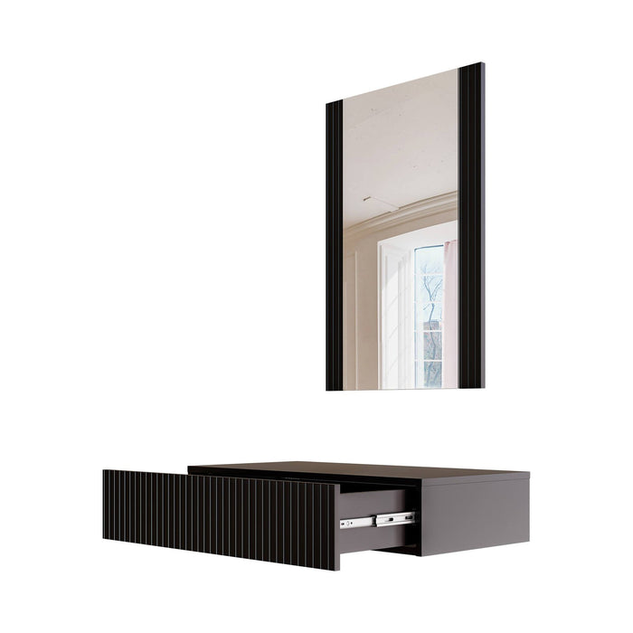 Consolle Premolo, Entratina sospesa con specchio, Design moderno con effetto cannettato, 80x42 h97 cm, Nero