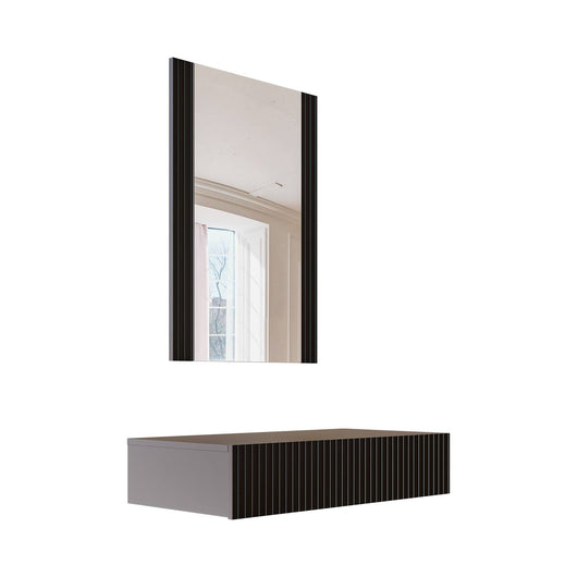 Consolle Premolo, Entratina sospesa con specchio, Design moderno con effetto cannettato, 80x42 h97 cm, Nero