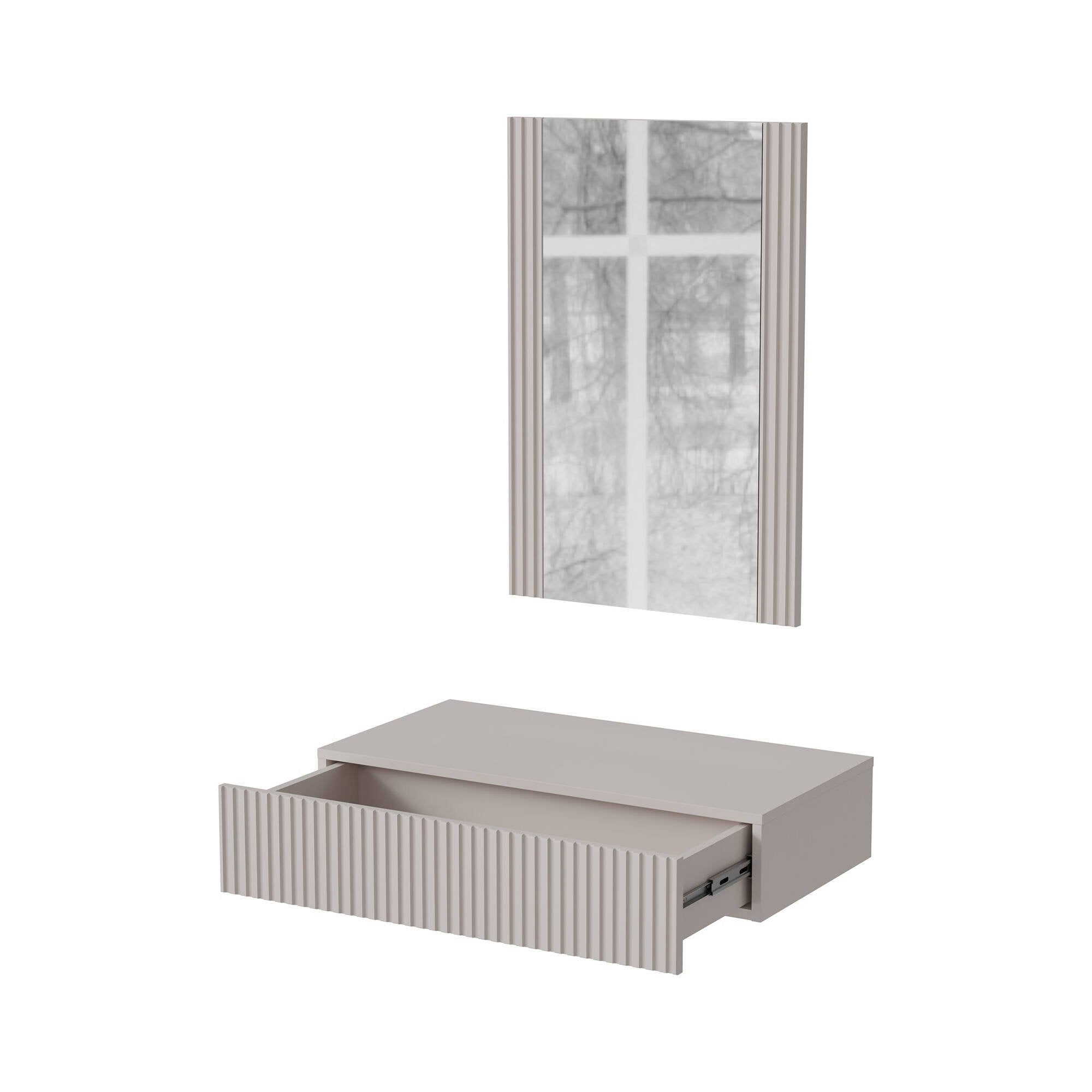 Consolle Premolo, Entratina sospesa con specchio, Design moderno con effetto cannettato, 80x42 h97 cm, Beige