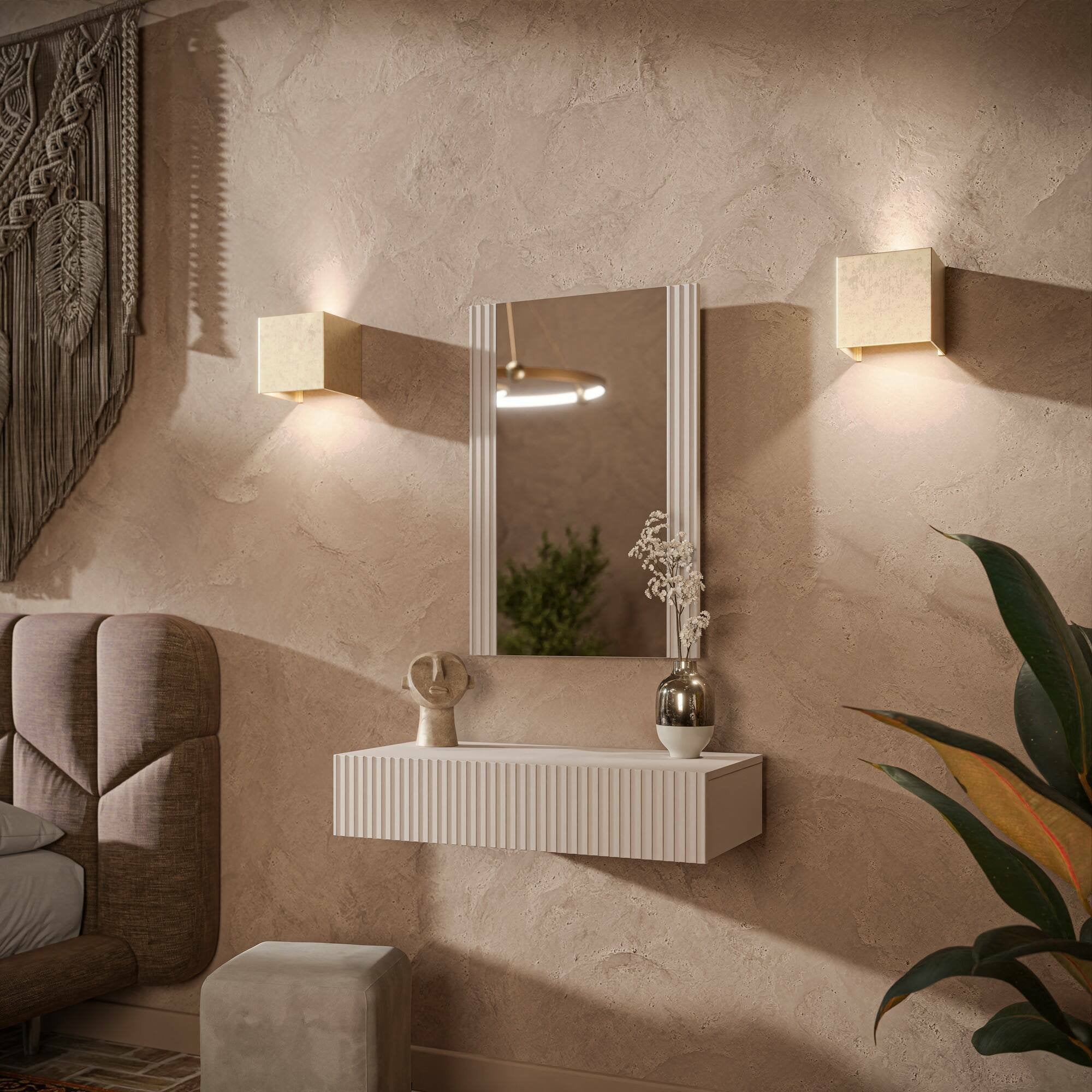 Consolle Premolo, Entratina sospesa con specchio, Design moderno con effetto cannettato, 80x42 h97 cm, Beige